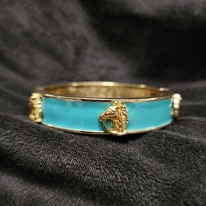 Blue and Gold Hinged Bracelet with Horse Accent